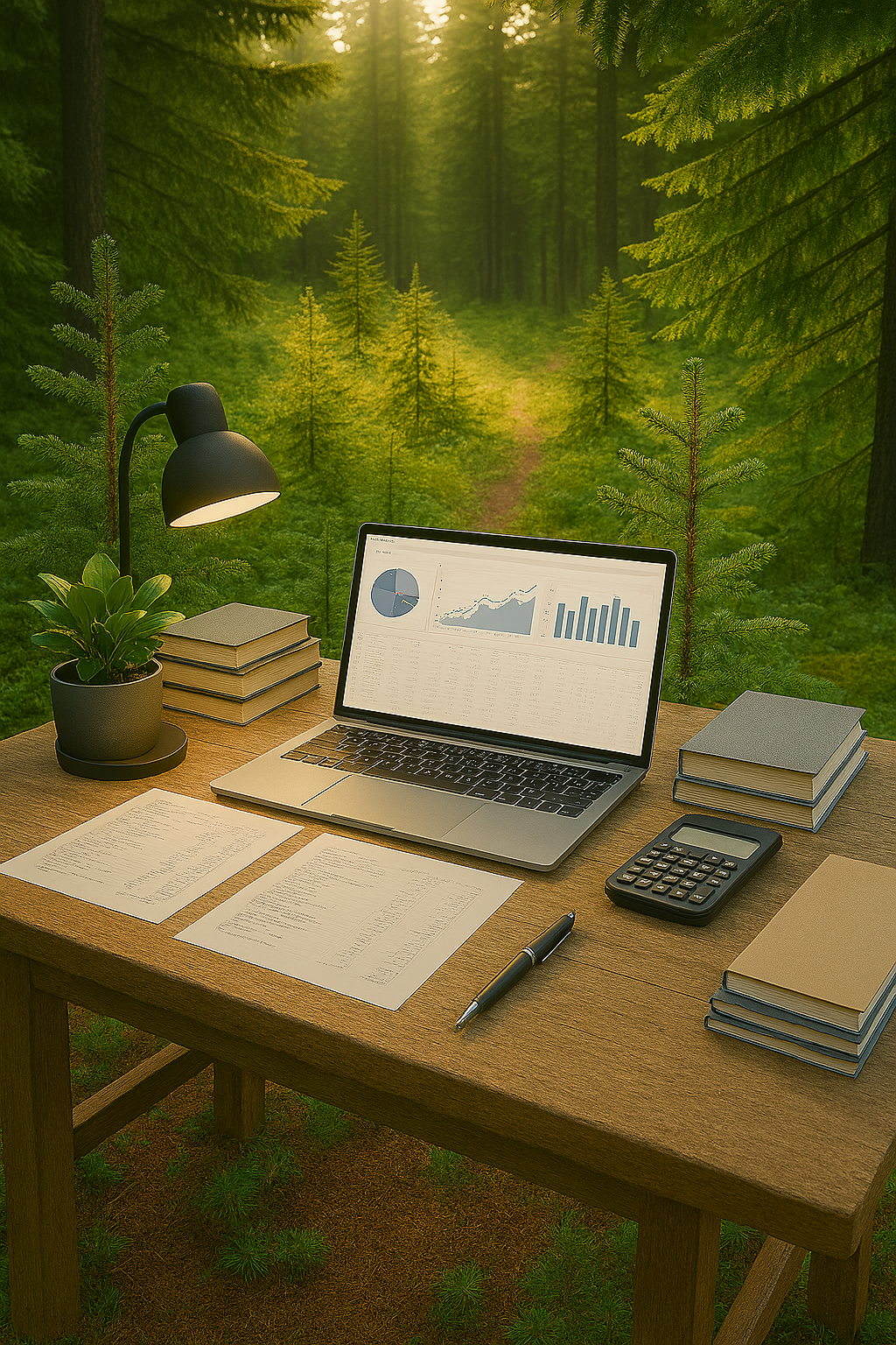 Desk with laptop displaying charts, notebooks, papers, calculator, pen, desk lamp, and potted plant in front of a forest background.