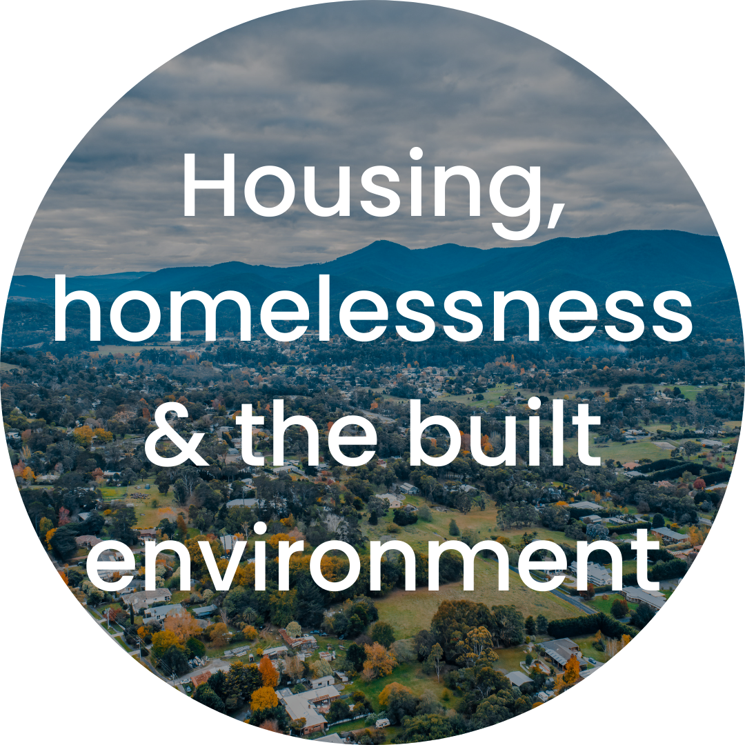 Aerial view of a suburban neighborhood with mountains in the background, overlaid with the text 'Housing, homelessness & the built environment'.