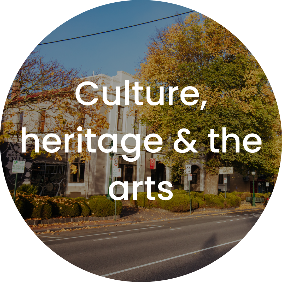 A street scene with a large tree with autumn-colored leaves, buildings, and a clear blue sky.