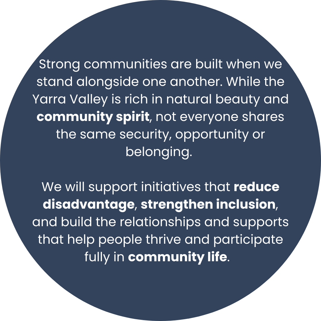 Text emphasizing the importance of community support, unity, and inclusion in the Yarra Valley.