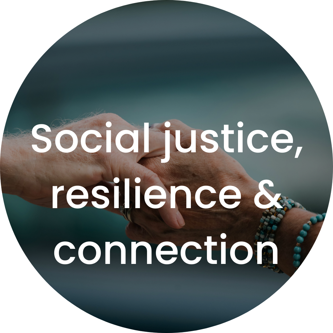 Two hands, one older and one younger, holding each other in a supportive gesture, over a blurred background with the text 'social justice, resilience & connection'.