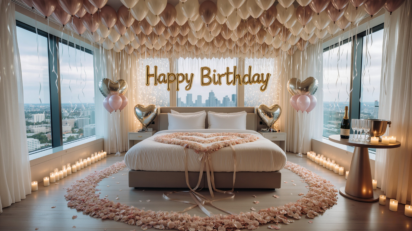 A decorated birthday bedroom with balloons, candles, and a "Happy Birthday" sign, overlooking a city skyline through large windows.