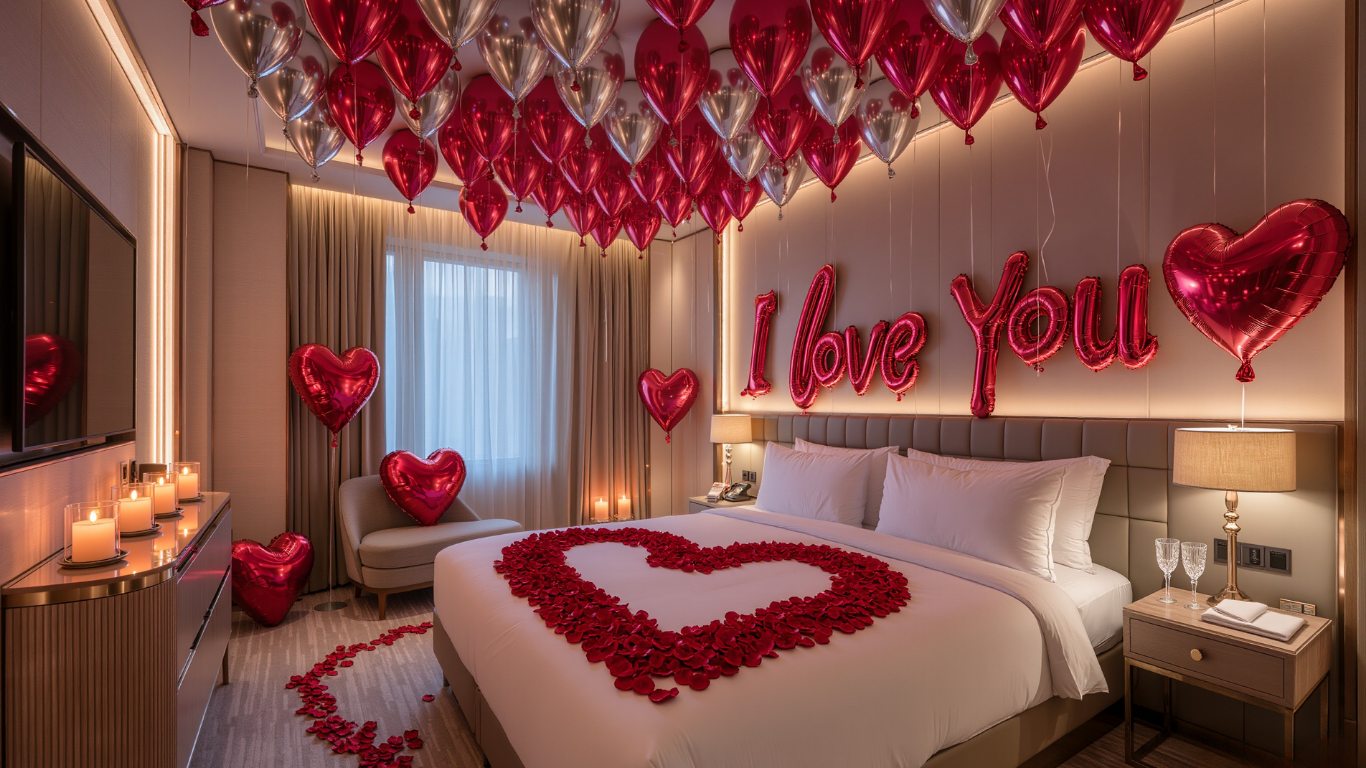 A decorated hotel room with Valentine's Day theme, featuring red and gold heart-shaped balloons, candles, and rose petals forming a heart on the bed with a sign that says 'I love You' made of pink balloons.