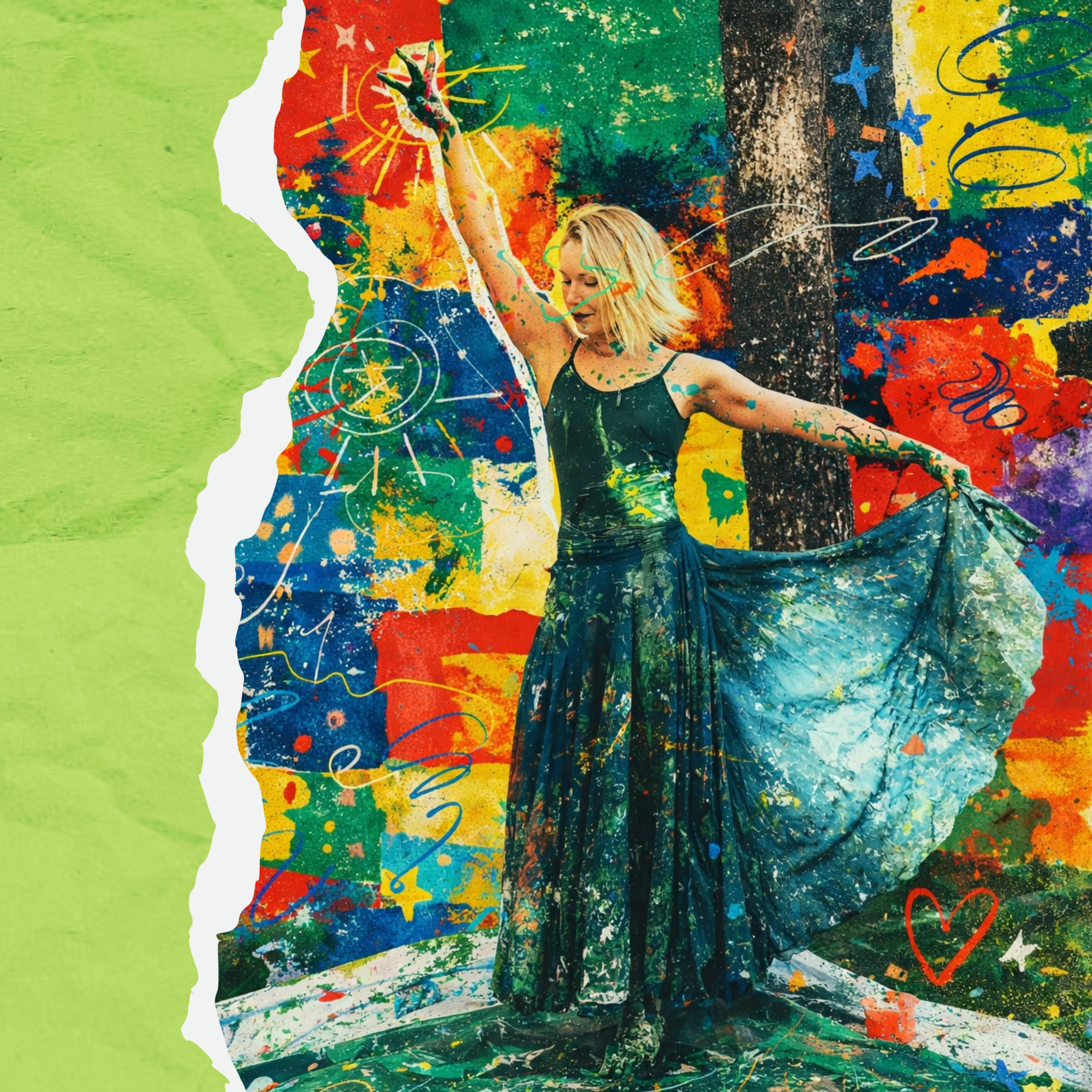 A woman in a black top and blue skirt, standing with one arm raised and holding her skirt with the other, surrounded by colorful paint splashes and scribbles on a vibrant, graffiti-like background.