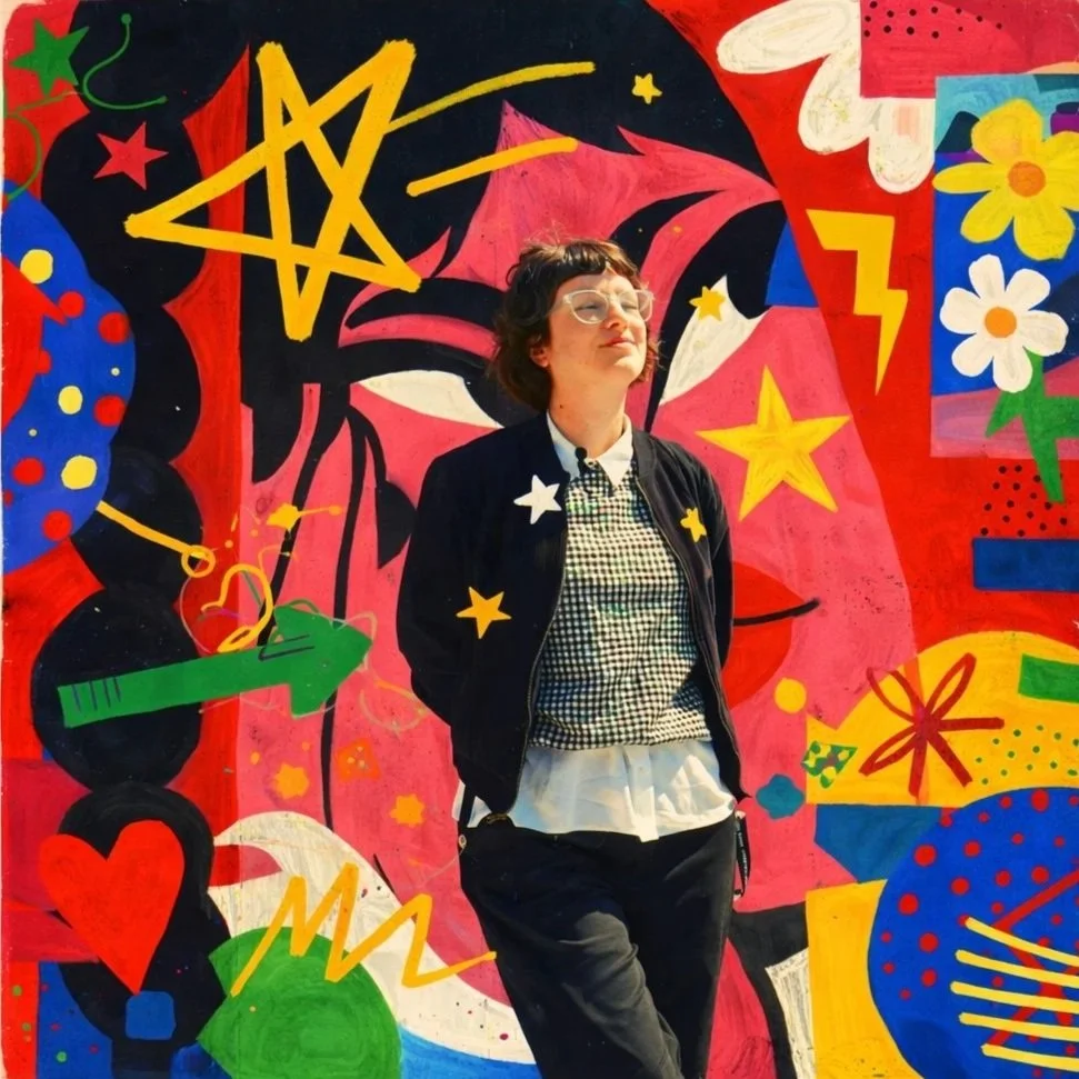 A woman stands with her eyes closed in front of a colorful, abstract mural with stars, hearts, flowers, and geometric shapes.