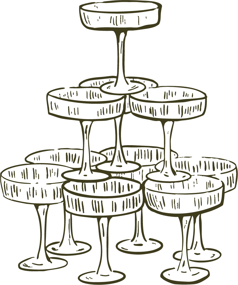 Line drawing of a champagne tower with glasses stacked in a pyramid shape