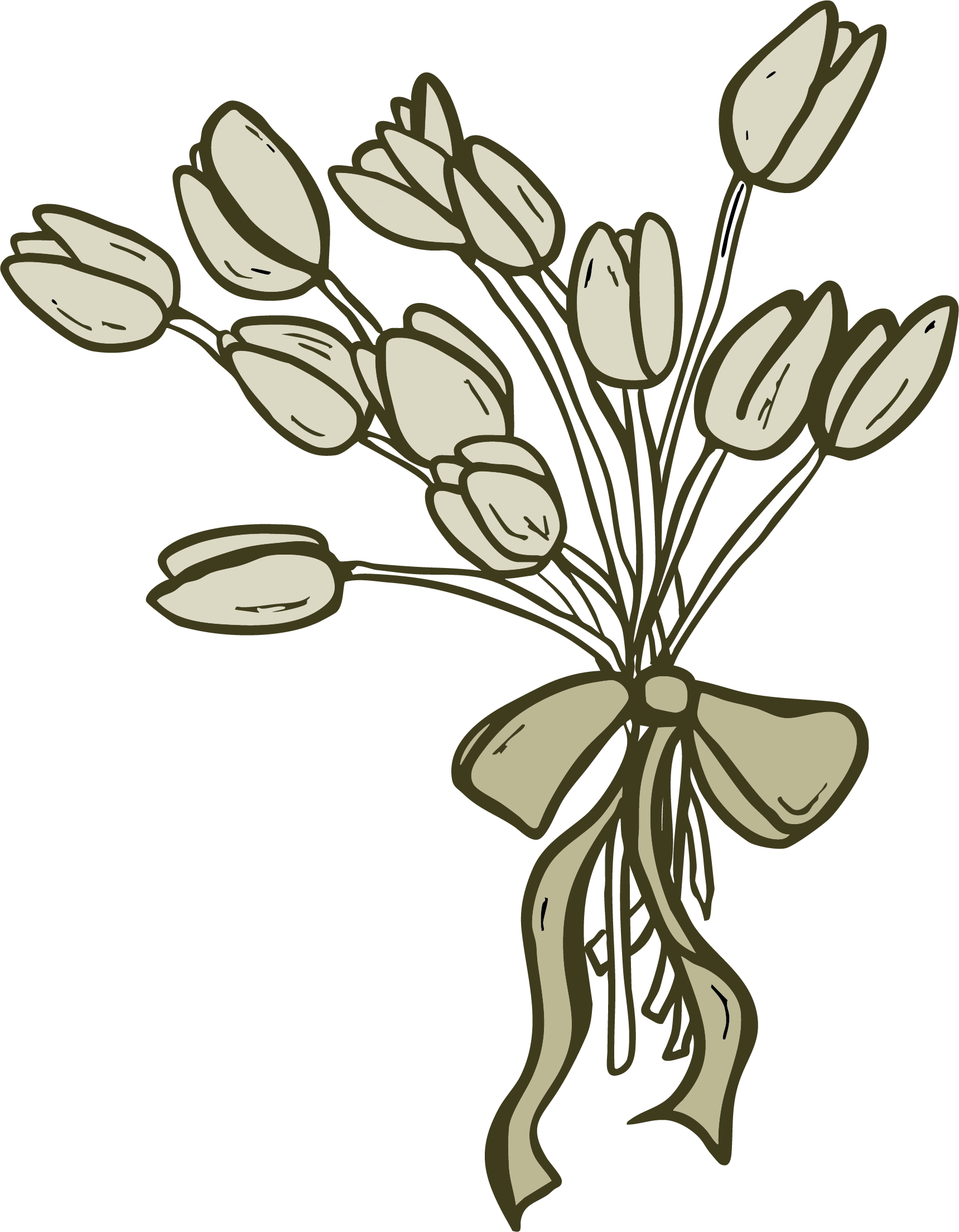 A digital illustration of a bouquet of tulips with a large bow, drawn in a simple, stylized manner with shades of beige and outlined in darker lines.