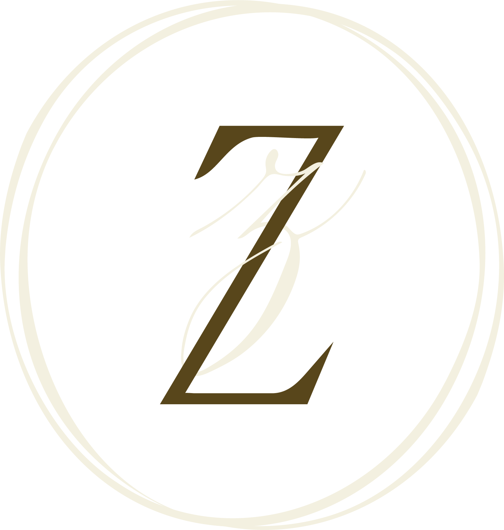 A black circular background with a beige and gold design featuring the letter 'Z' and a stylized feather.