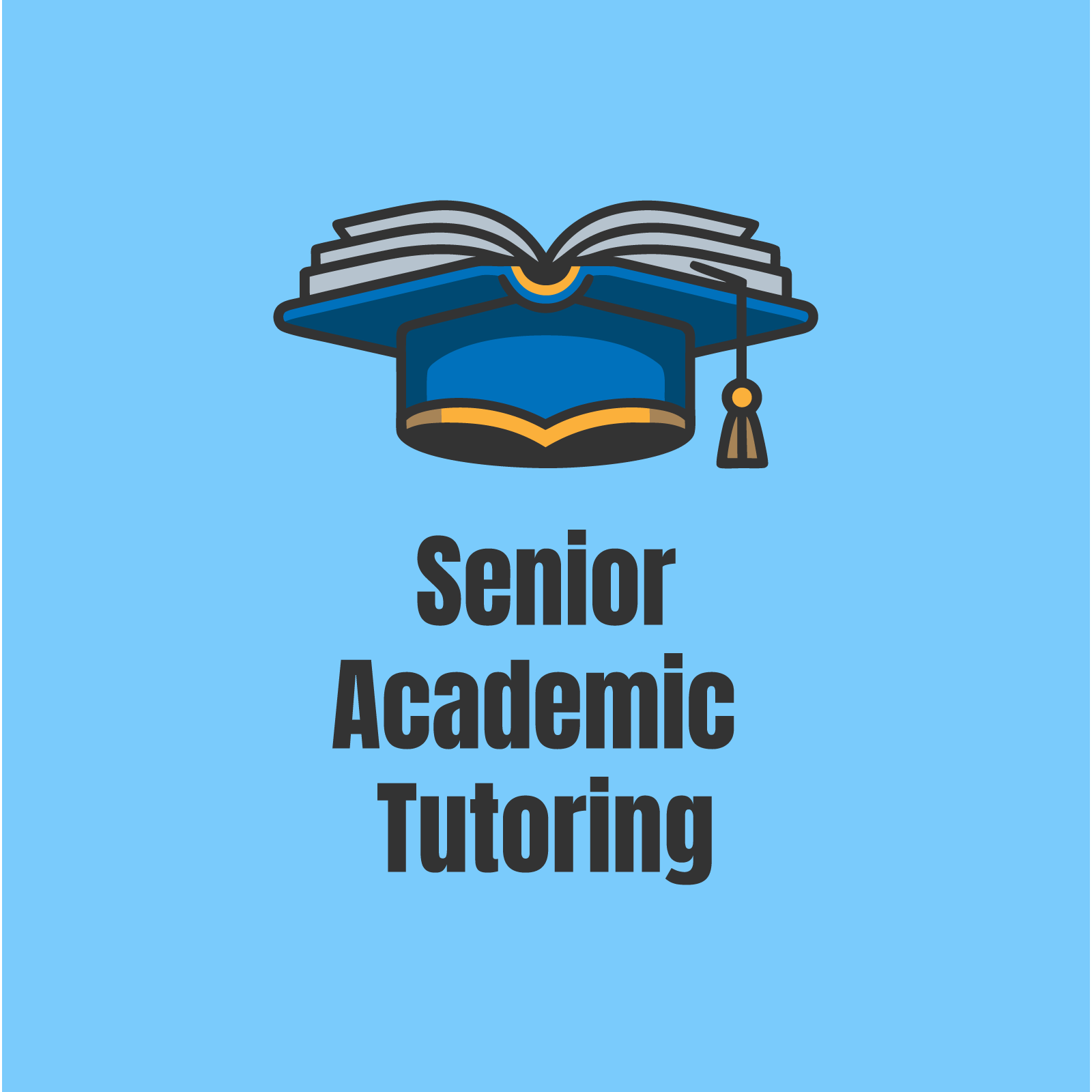Icon of a graduation cap with an open book above it and the text 'Senior Academic Tutoring' on a light blue background.