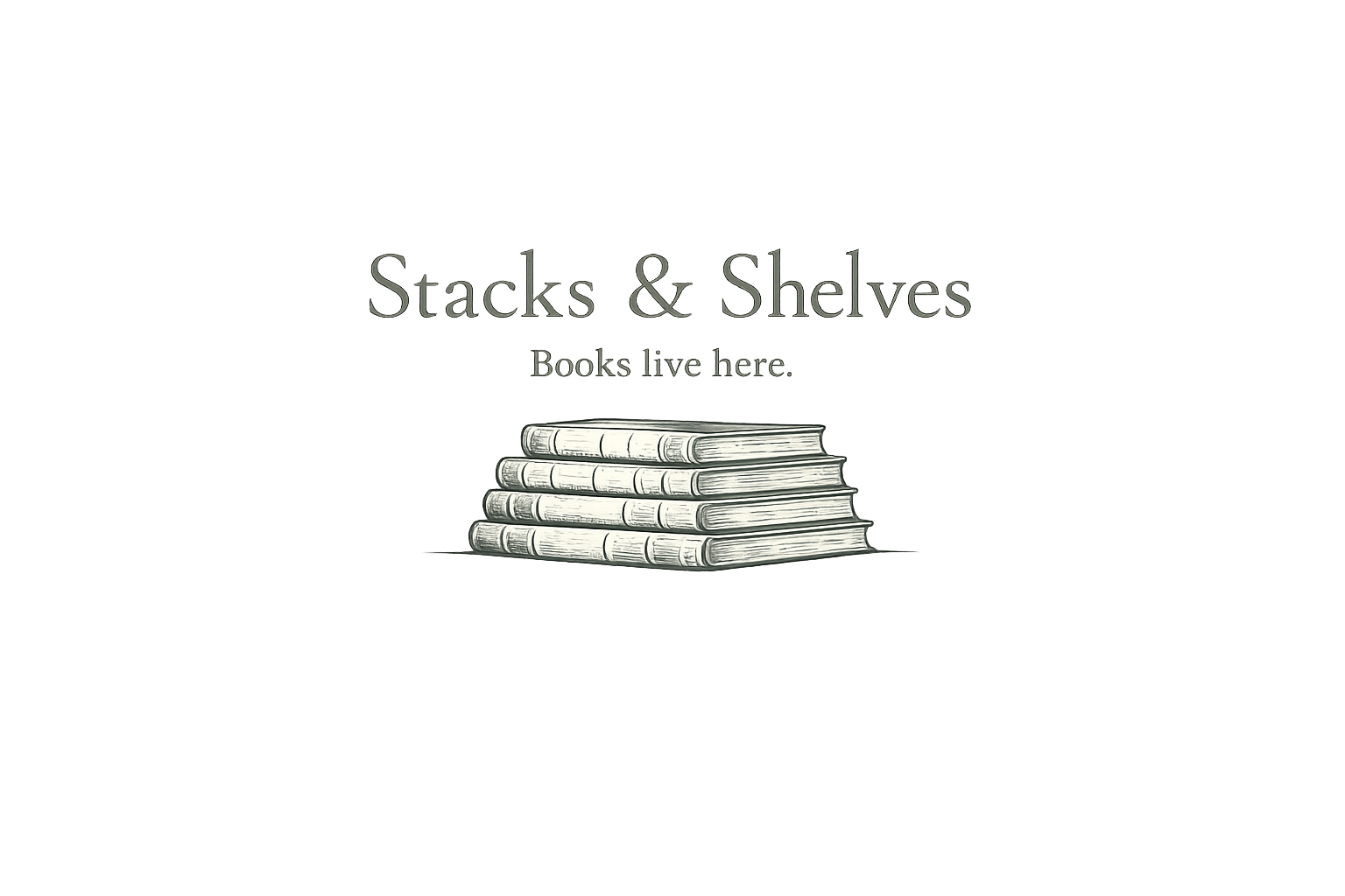 Sign indicating 'Stacks & Shelves' with 'Books live here' written below, with a drawing of stacked books beneath the text.