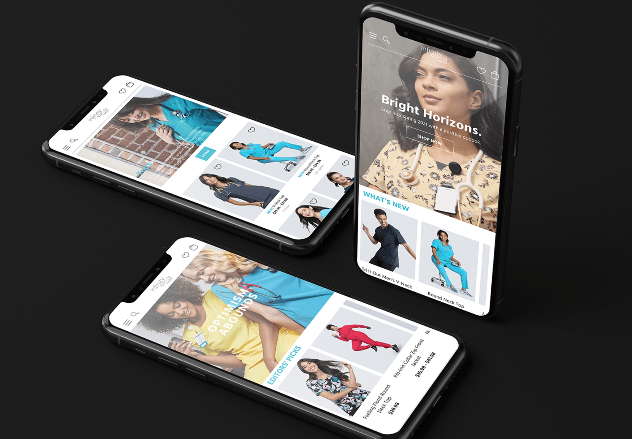 Three black smartphones displaying a healthcare apparel app with models wearing medical scrubs, in a configuration with two phones lying flat and one standing upright against a black background.