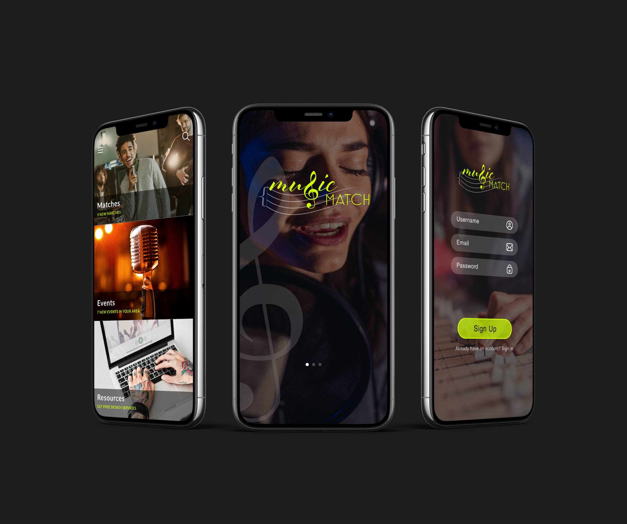 Three smartphones displaying a music matching app interface, featuring a logo with a musical note and headphones, a sign-up form, and a main screen with music-related images and categories.