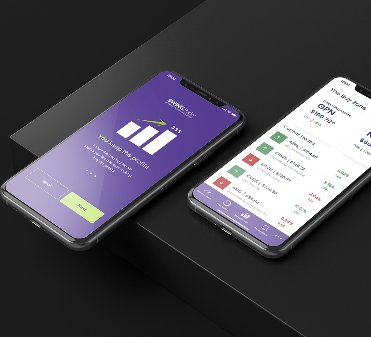 Two smartphones on a black surface showing stock trading apps; the left phone displays a welcome screen with a purple background and white text about profits, while the right phone shows a stock trading app with current trades and price information.