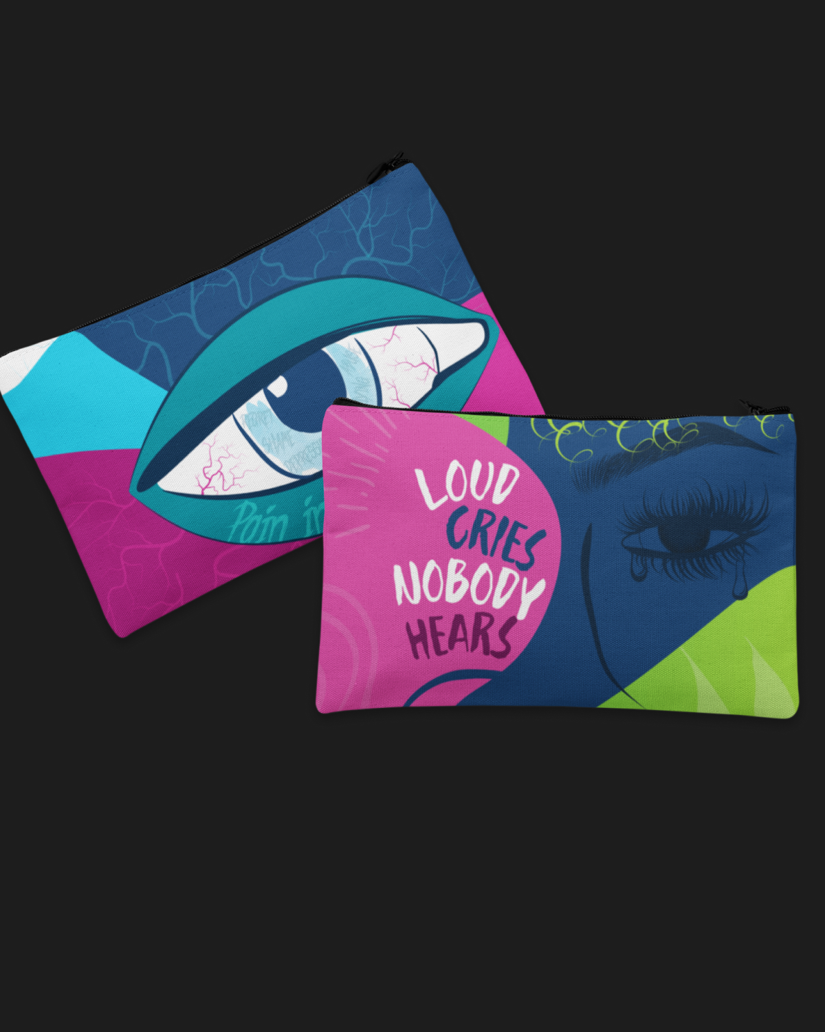 Two colorful pouches with eye-themed illustrations and slogans, on a black background.
