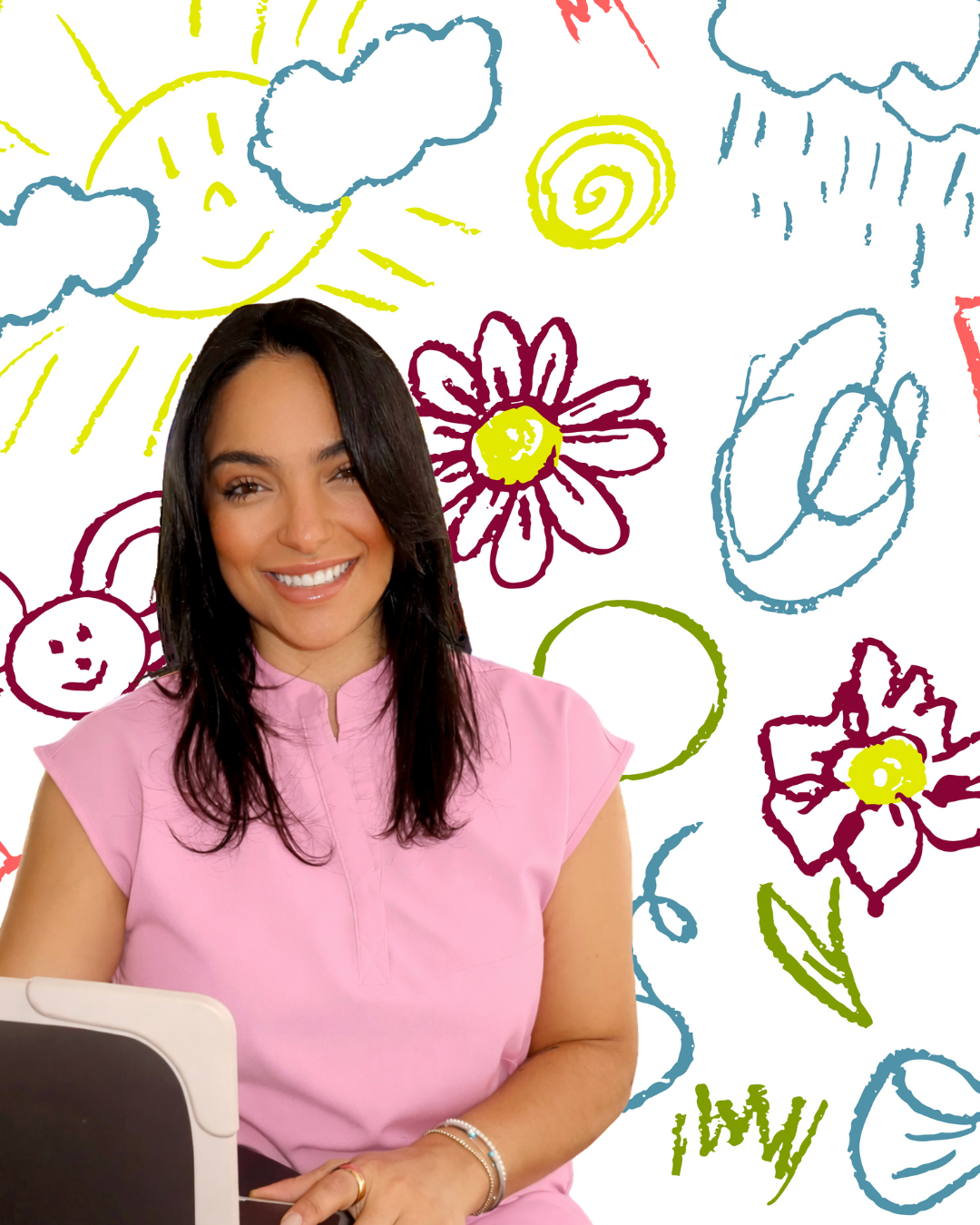 A woman with long dark hair wearing a pink top sits in front of a colorful background with hand-drawn doodles of the sun, clouds, flowers, and rain.