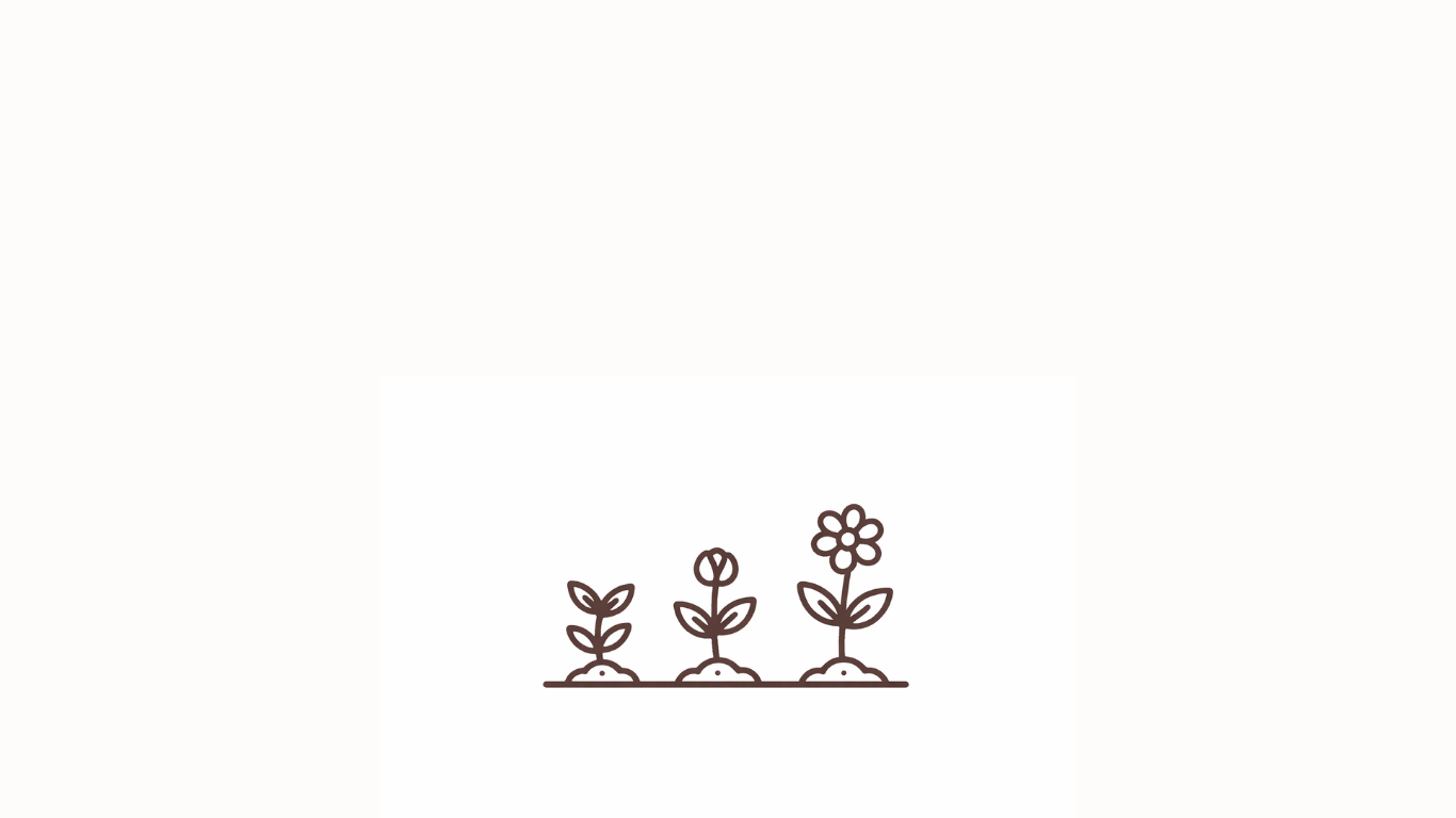 Line drawing of three plants at different growth stages, from smallest to tallest, with the tallest having a flower at the top.