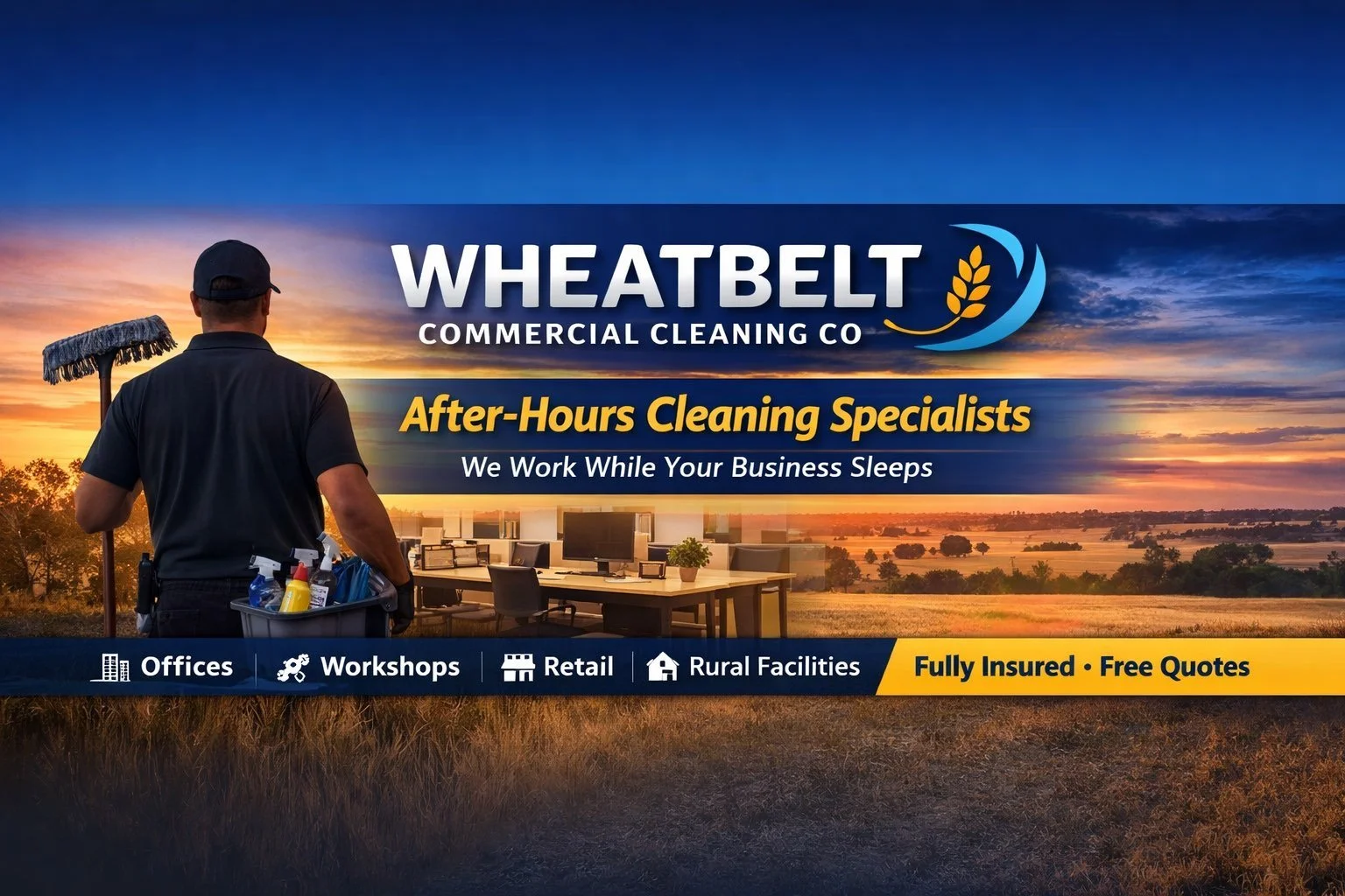 Landscape with a sunset sky, a man holding a cleaning tool, and a table with office equipment, advertising Wheatebelt Commercial Cleaning Co and its services.