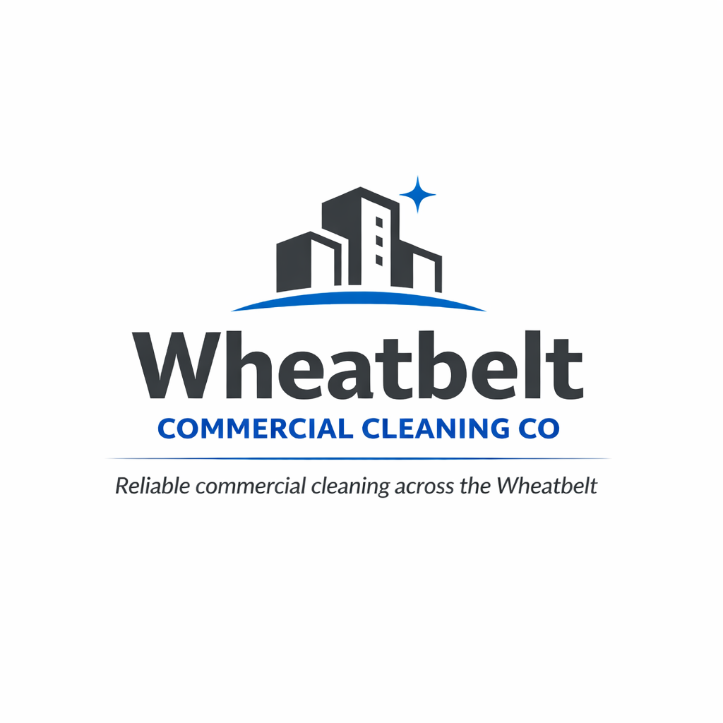 Logo for Wheatbelt Commercial Cleaning Co featuring stylized buildings, a sparkle, and tagline 'Reliable commercial cleaning across the Wheatbelt'.