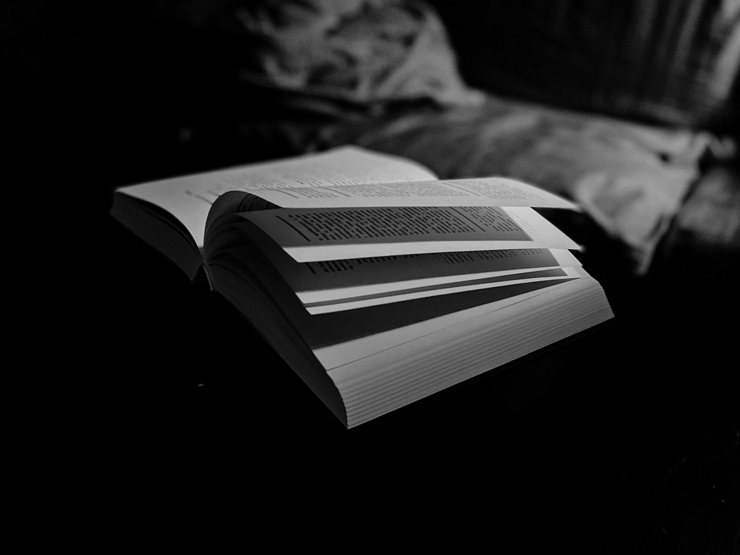 An open book resting on a dark surface, with the pages slightly curled and the background blurred.