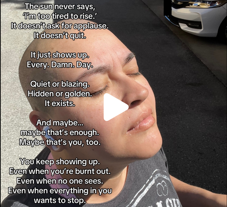 A person with a shaved head, eyes closed, standing outdoors on a sunny day. In the background, part of a white car is visible. There is inspirational text overlay on the image.