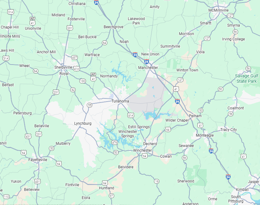 Map showing towns and cities in Southern Middle Tennessee, including Tullahoma, Estill Springs, Winchester, Cowan, Decherd, Sewanee, Shelbyville, Fayetteville, McMinville and surrounding areas.