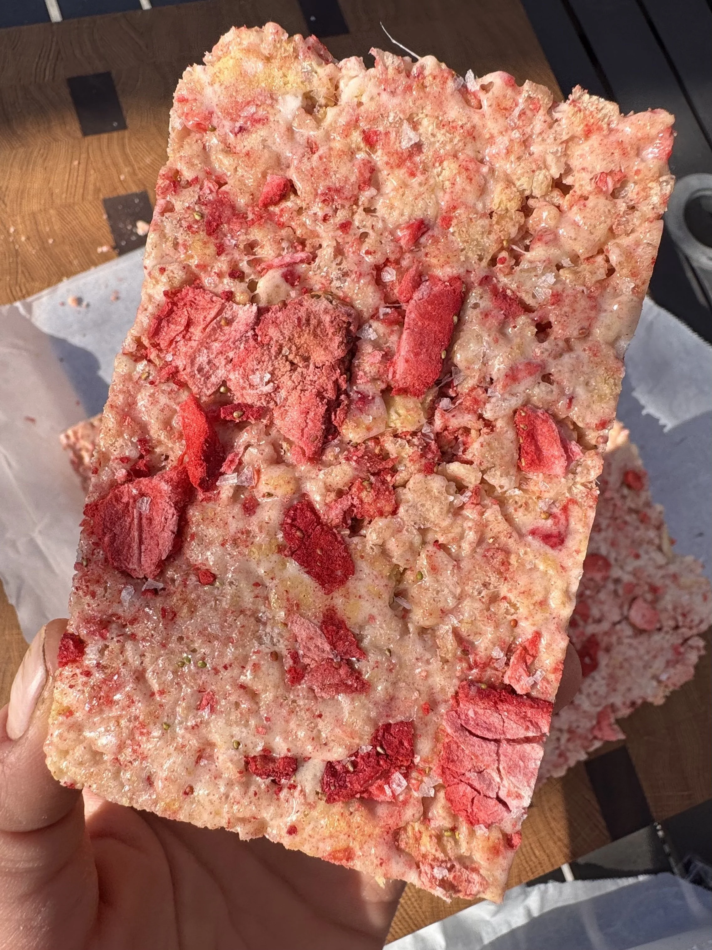 GF-friendly strawberry shortcake brown butter rice krispie treats