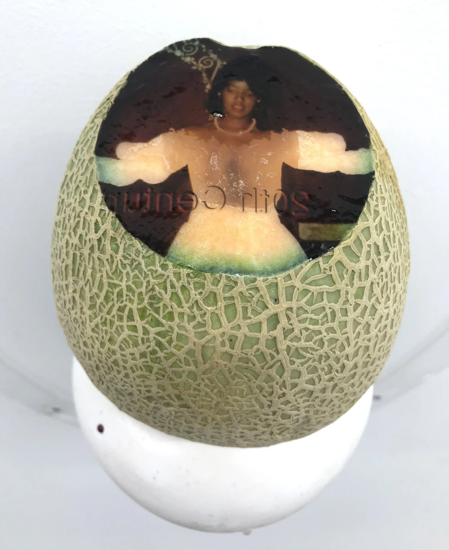 Keeper (detail), 2021, Materials: Found photograph, melon, collagen, glass beads, plaster, plexiglass, resin, hardware, 29" x 20" x 8 "