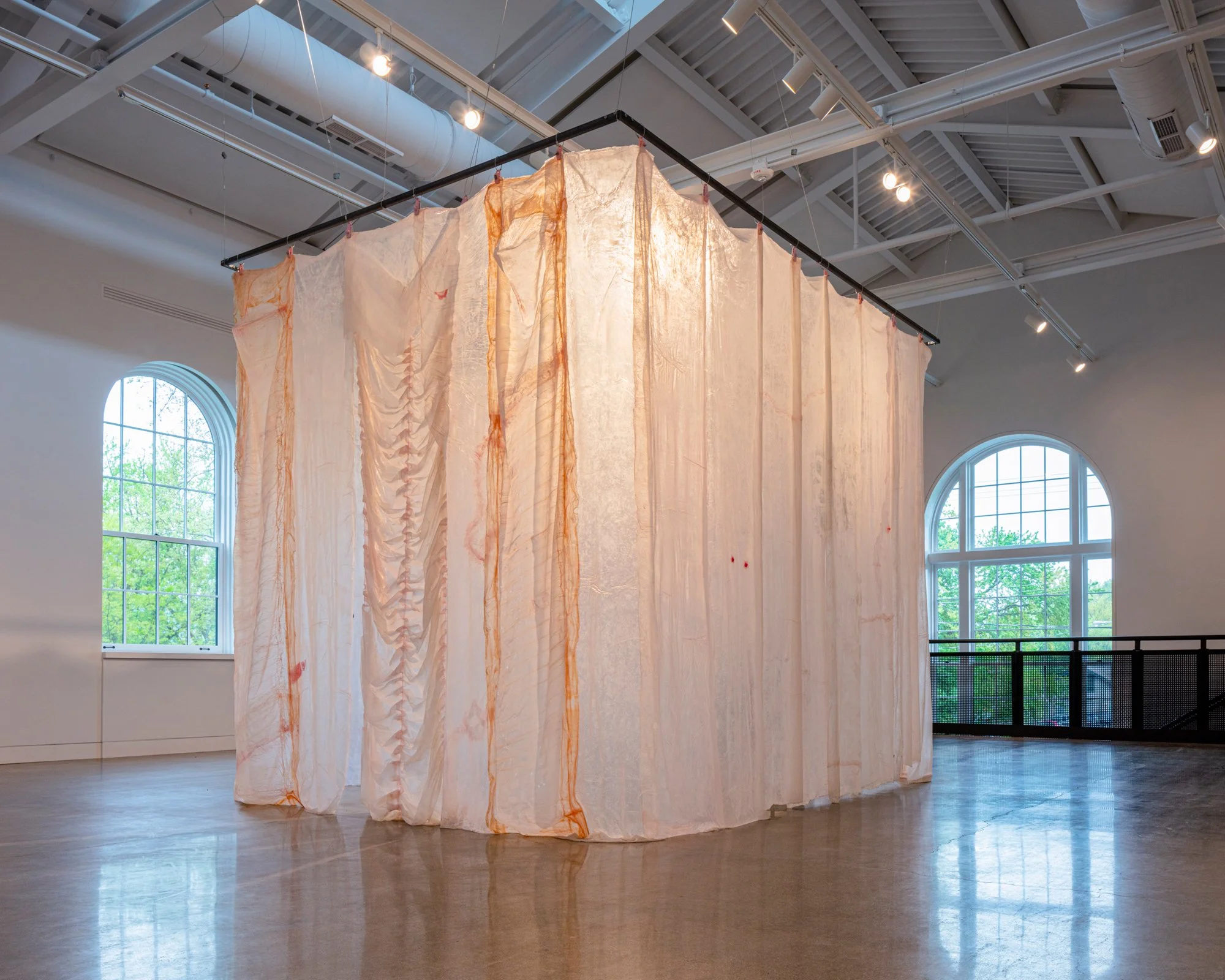 Pinkie II, 2021, materials: collagen, flesh clamps, bees, false eyelashes, silicone, hair ties, glass beads, tulle, found photograph,
144" x 108" x 120". Installed in "Girl You Want" at ArtYard, Frenchtown, NJ. 