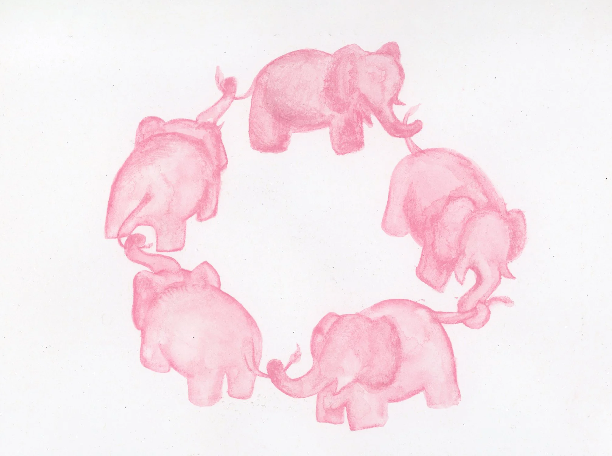 Pink watercolor illustration of five elephants arranged in a circle, each elephant connected by a tail to the next.