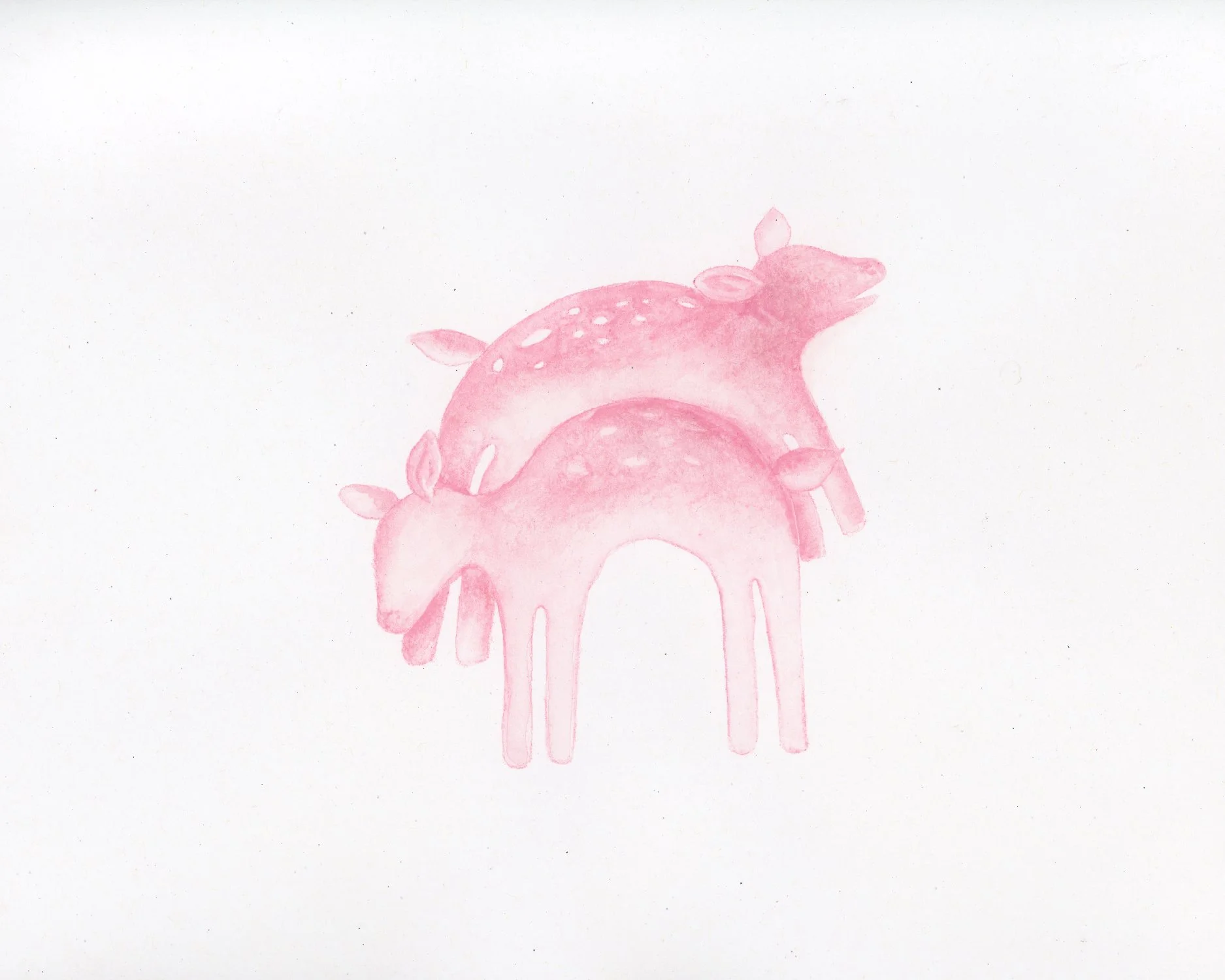 Pink watercolor painting of two deer, one larger and one smaller, with stylized, dripping bodies.