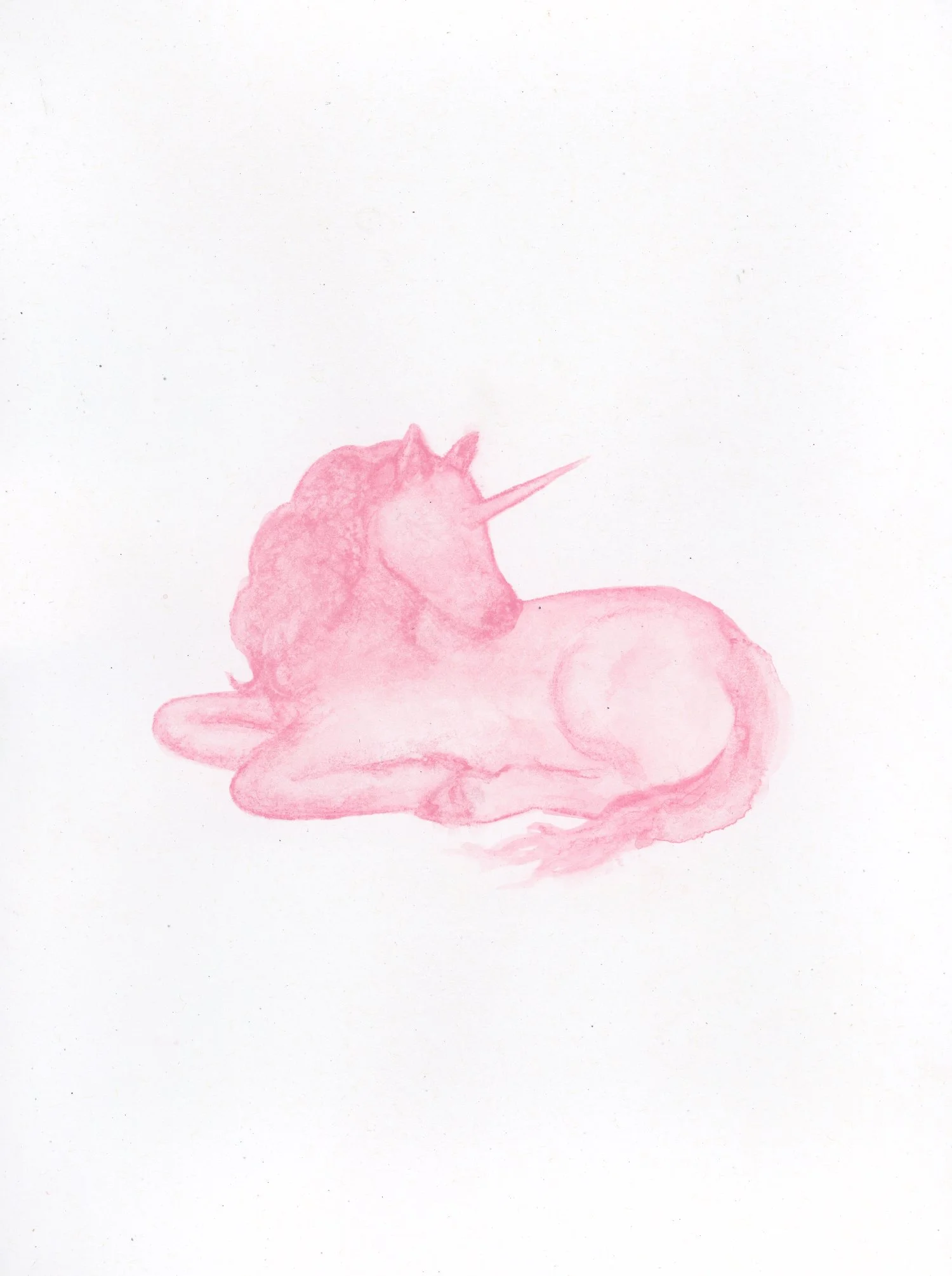 A pink watercolor painting of a unicorn with a horn and a horse's body, lying on its side.