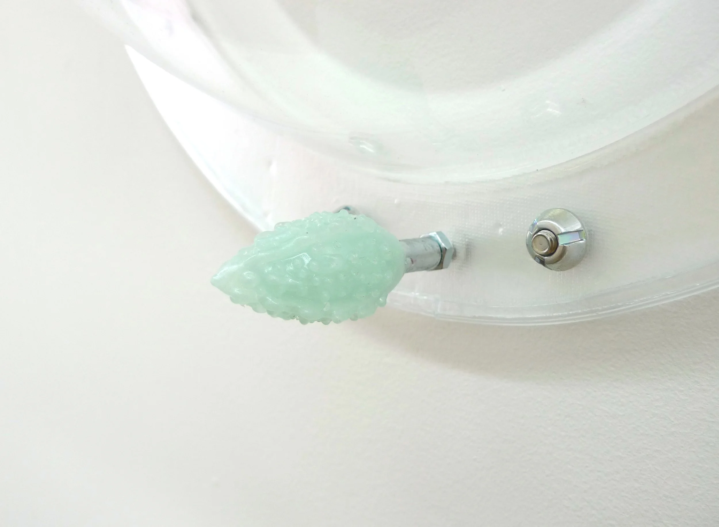 Keeper (detail), 2021, Materials: Found photograph, melon, collagen, glass beads, plaster, plexiglass, resin, hardware, 29" x 20" x 8 "