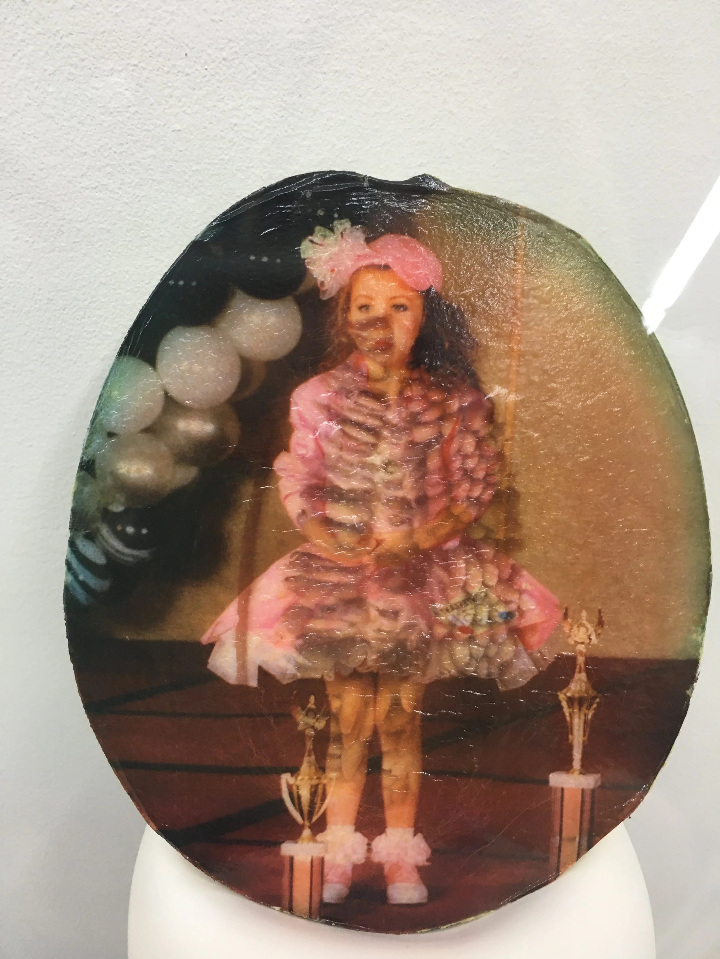 Keeper (detail), 2021, Materials: Found photograph, melon, collagen, glass beads, plaster, plexiglass, resin, hardware, 29" x 20" x 8 "