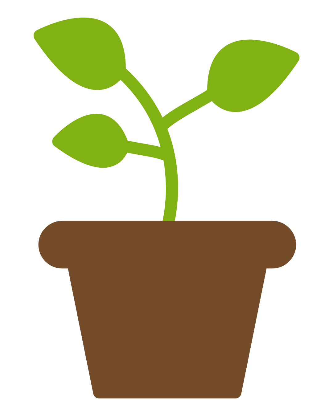 A simple illustration of a green plant with three leaves growing in a brown pot.
