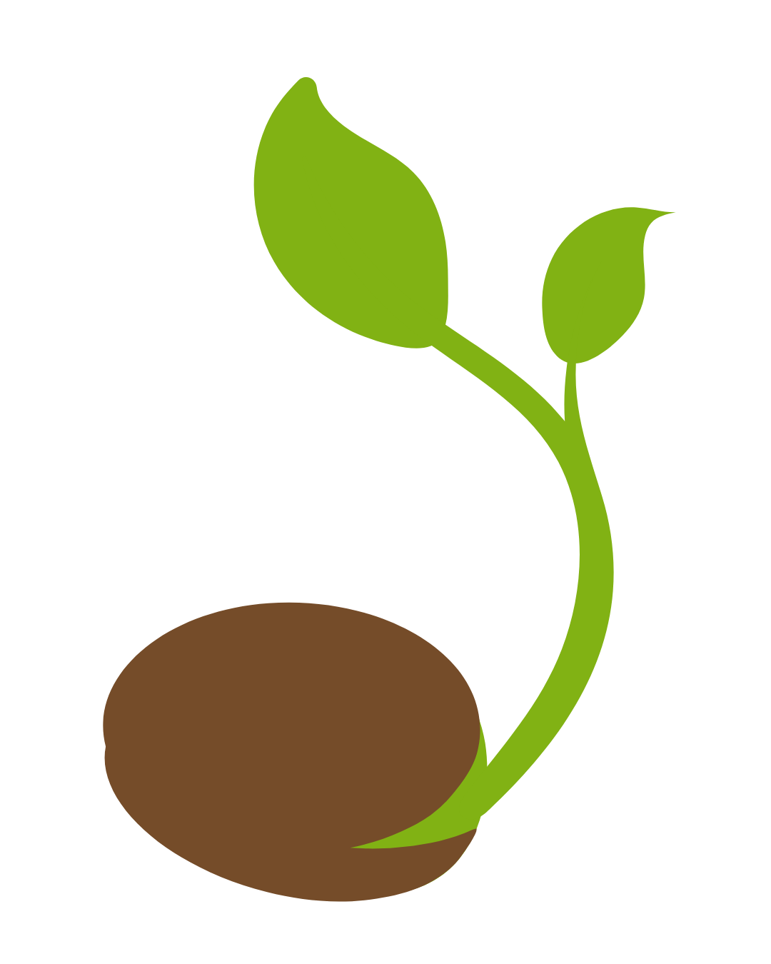 A sprout with two green leaves growing from a small brown mound of soil.