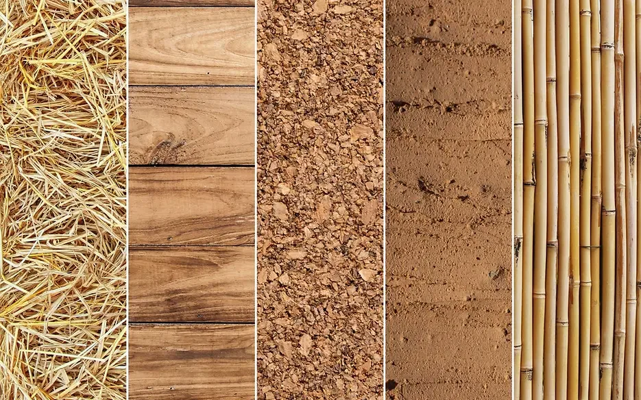 Close-up of five different natural textures: straw, wood planks, soil, dirt, and bamboo poles. Eco friendly building materials.