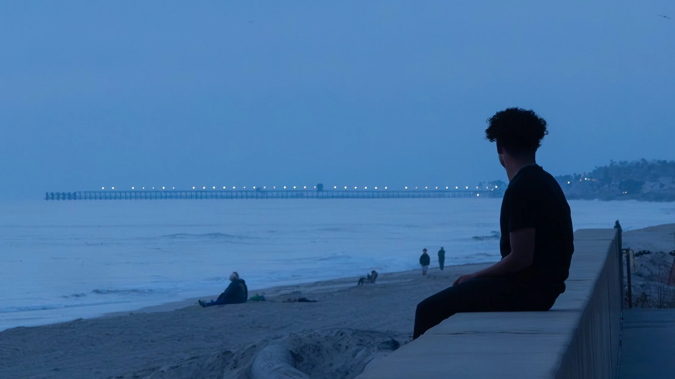 A person with curly hair sitting on a promenade bench by the beach during twilight, with a pier extending into the ocean in the background and a few other people walking along the shore.