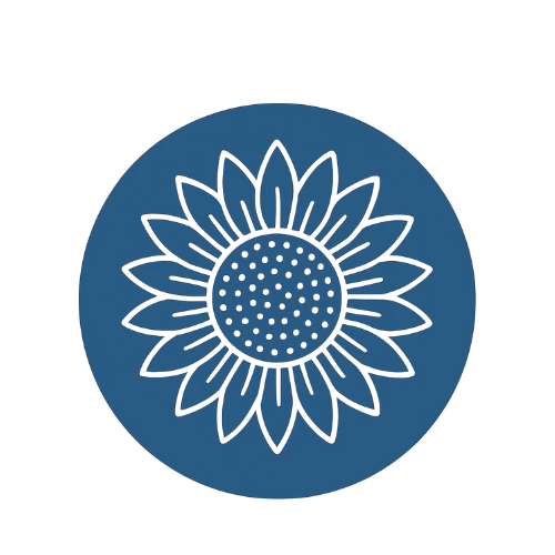 Drawn sunflower inside a solid circle on a black background.