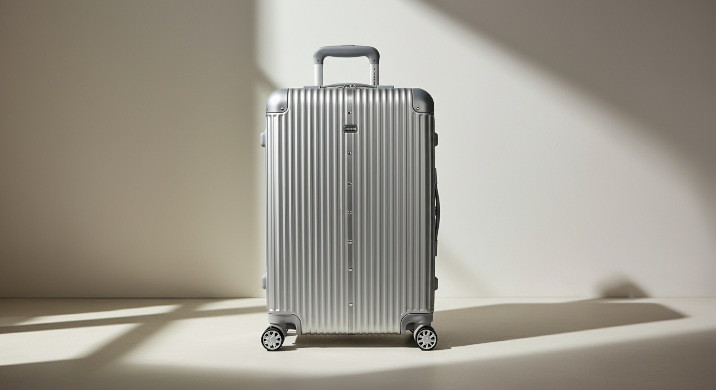 A silver, hard-shell rolling suitcase with a telescoping handle and four spinner wheels, standing on a beige surface against a plain white wall with soft shadows.