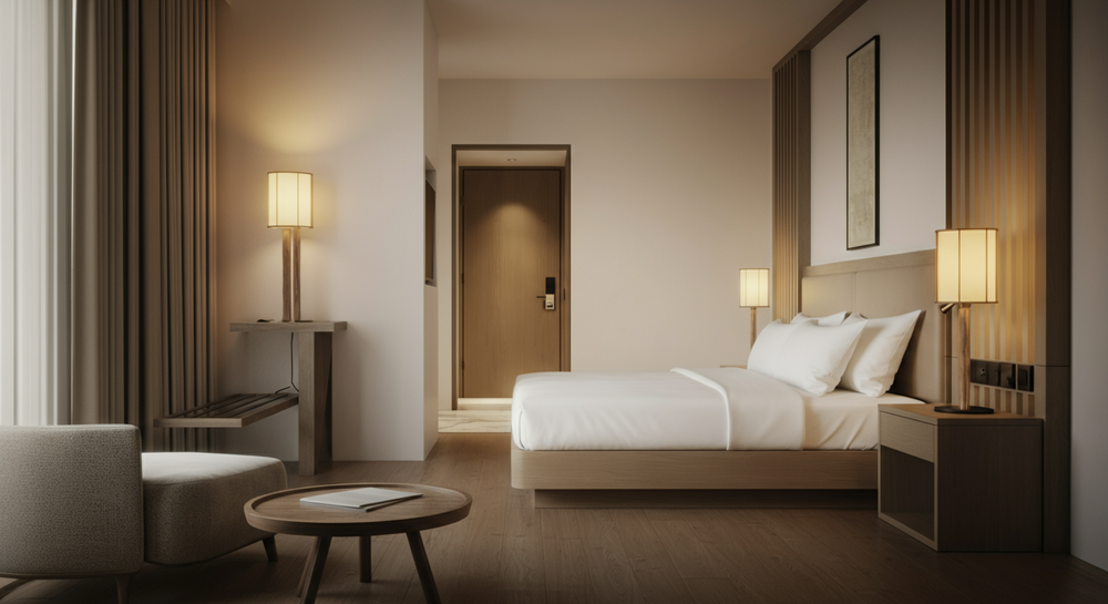 A modern hotel room with a bed, two bedside lamps, a chair, and a small table.