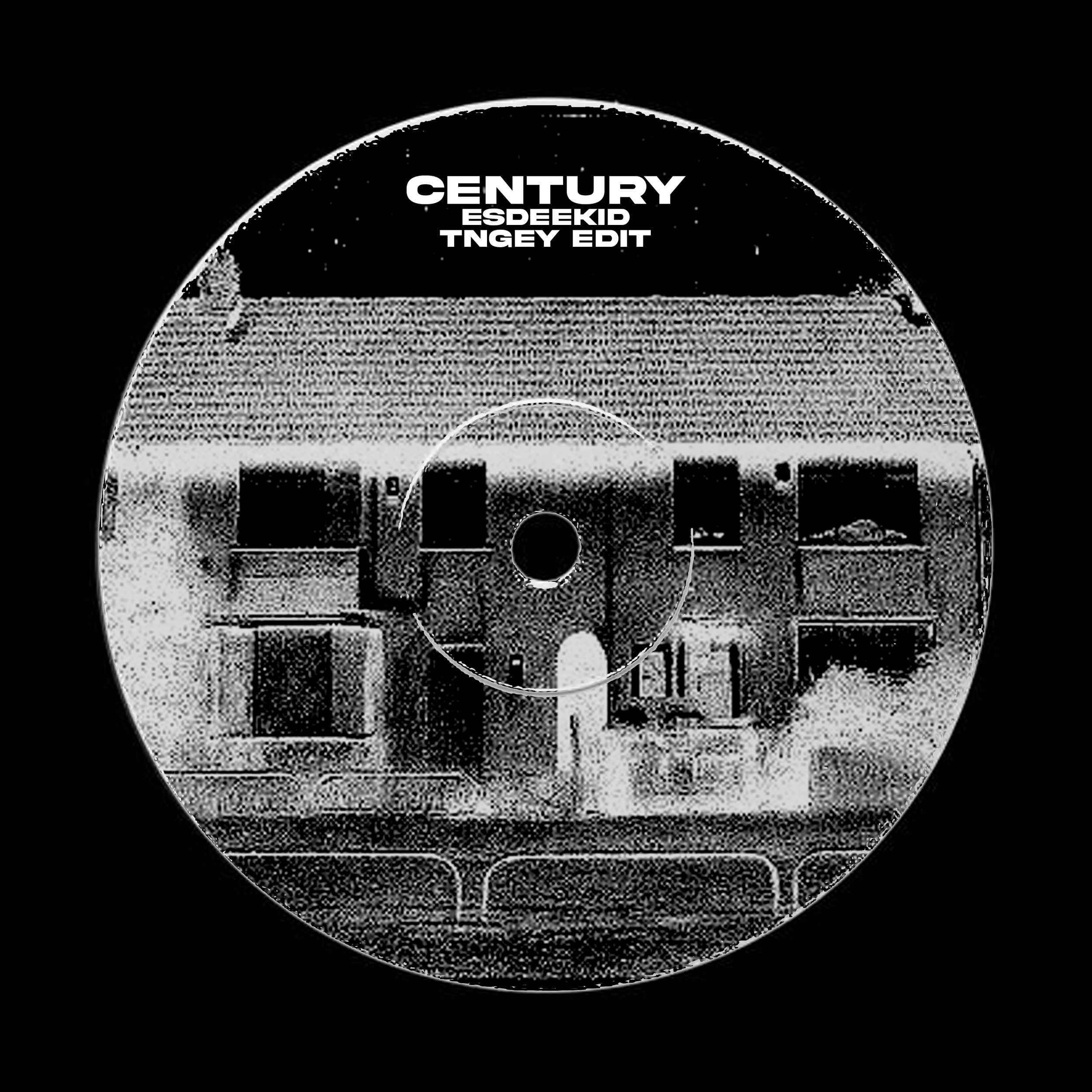 Black and white music album cover with a photo of a residential building and text 'Century Esedek Tngey Edit' at the top.