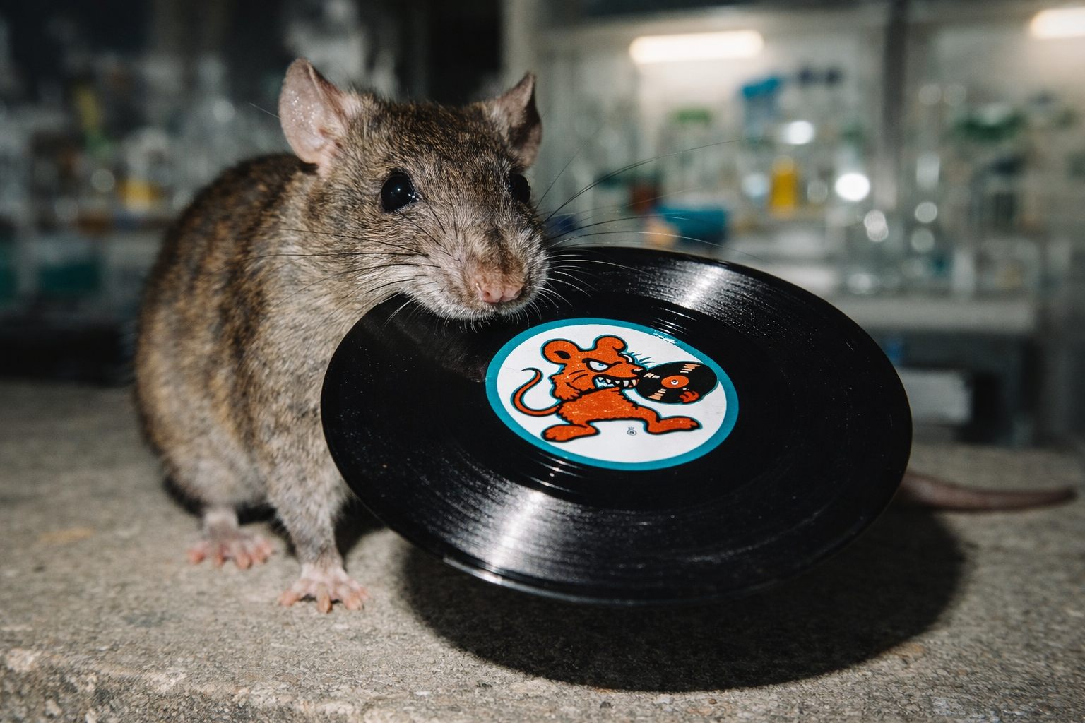 A small mouse holding a black vinyl record with a cartoon lion sticker, in a laboratory setting.