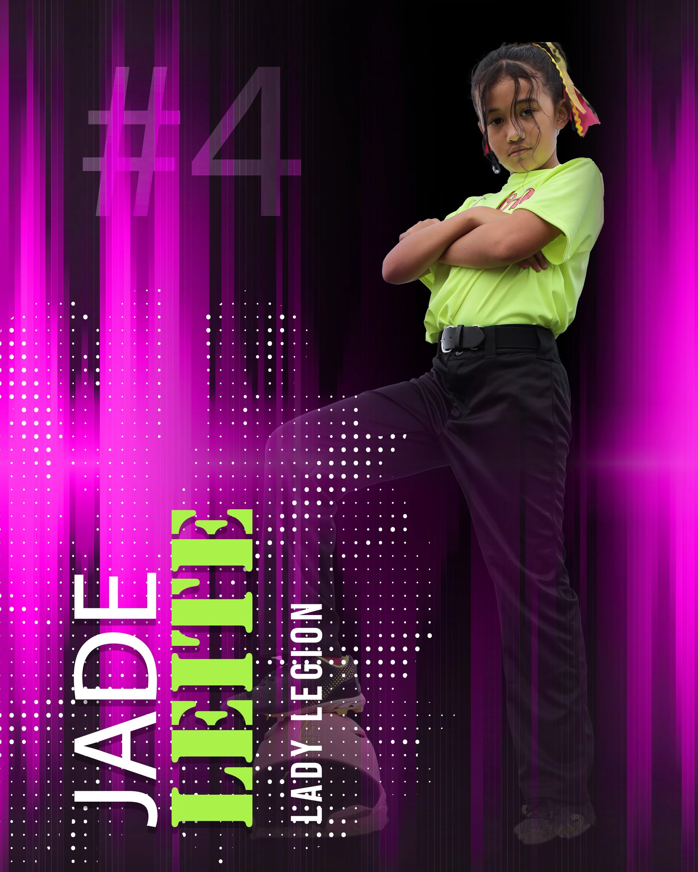 A young girl in gym attire with arms crossed and one foot on a soccer ball in front of a digital background with pink and purple neon lights, the number 4, and text that reads "Jadelette Ladyleigh".