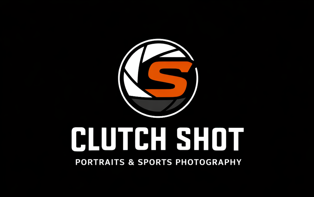 Logo for Clutch Shot Portraits & Sports Photography featuring a camera shutter with an orange 'S' in the center on a black background.