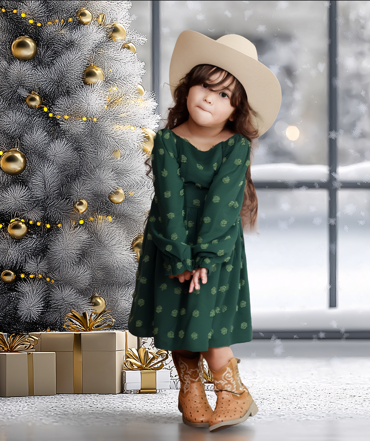 A young girl in a green dress with small green patterns, tan cowboy boots, and a large cream-colored hat stands inside next to a decorated white Christmas tree with gold ornaments and presents underneath. Snow can be seen outside through a window.