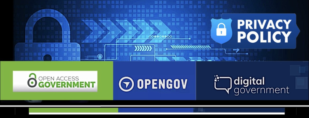 Graphic with digital icons and text about government transparency and privacy policies, featuring logos for Open Access Government, OpenGOV, and digital government.