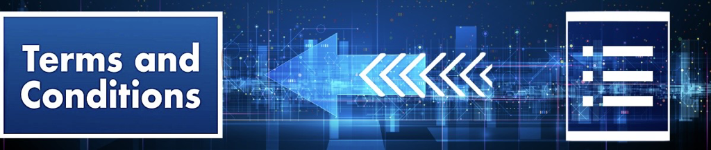Digital graphic with a blue background featuring the text 'Terms and Conditions' on a dark blue rectangle, with digital arrows, lines, and symbols representing technology or data exchange.