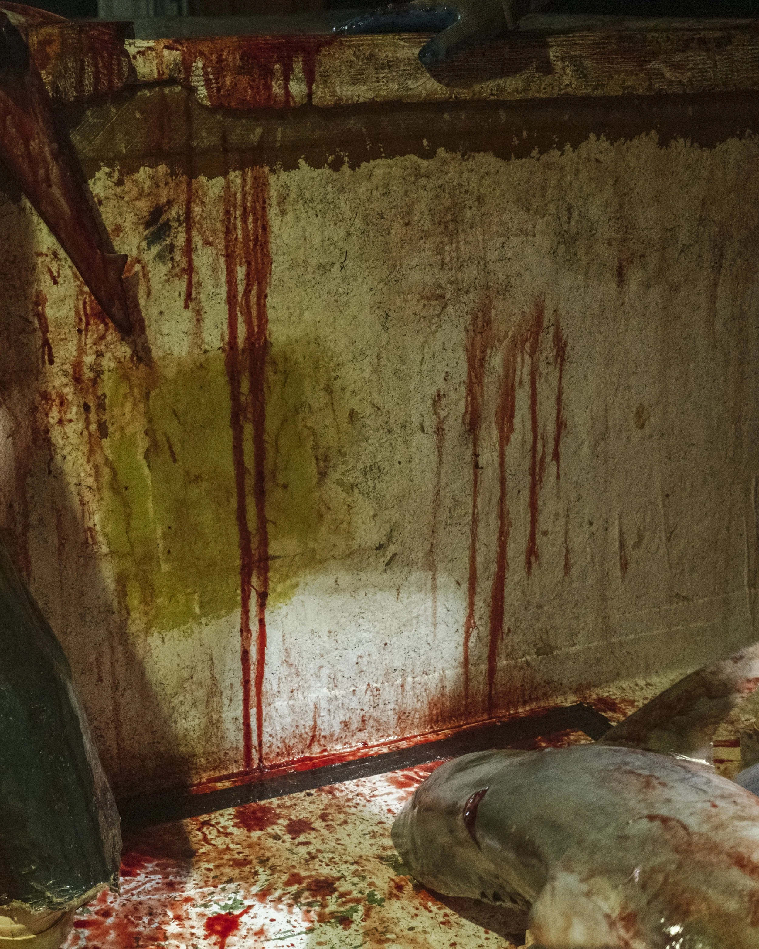 A large fish lying on the floor with blood splattered around, next to a blood-stained wall and a bloody butcher knife. The scene appears to be violent and gruesome.