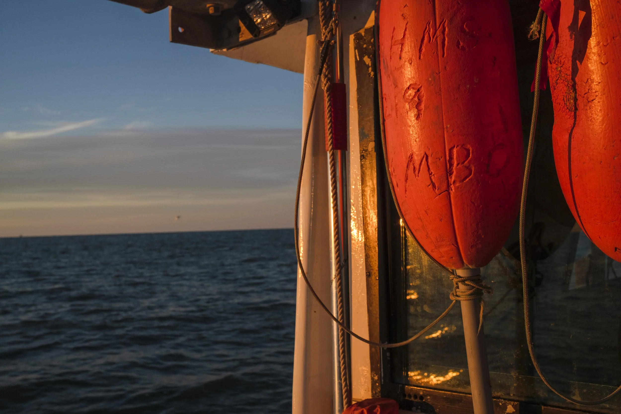 Orange life buoys attached to a boat's wall with the sea and sky in the background during sunset.