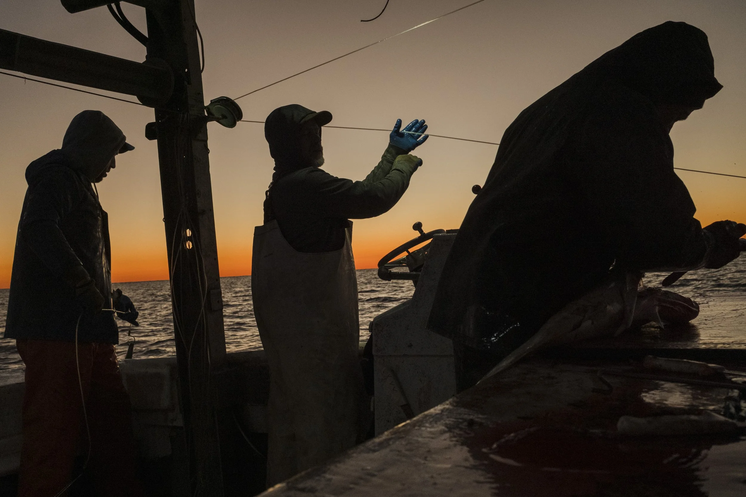 Three fishermen in dark clothing on a boat during sunset, one handling a fish on a cutting table.